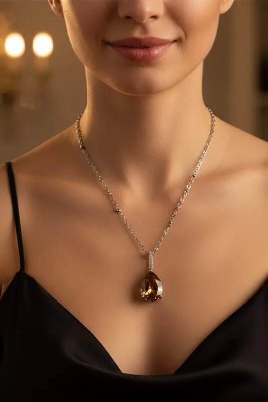 Kolye - Gümüş Sıra Taşlı Amber Damla | Çelik