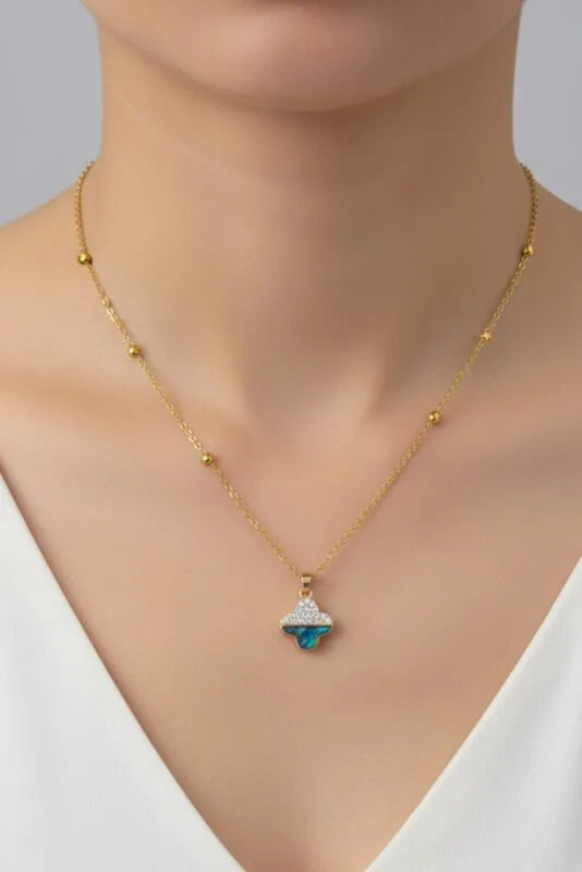 Kolye - Altın Yonca Taşlı Altı Sedef | Top Zincir Çelik