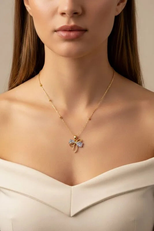 Altın Renk Damla Fiyonk Model Top Zincir Çelik Kolye