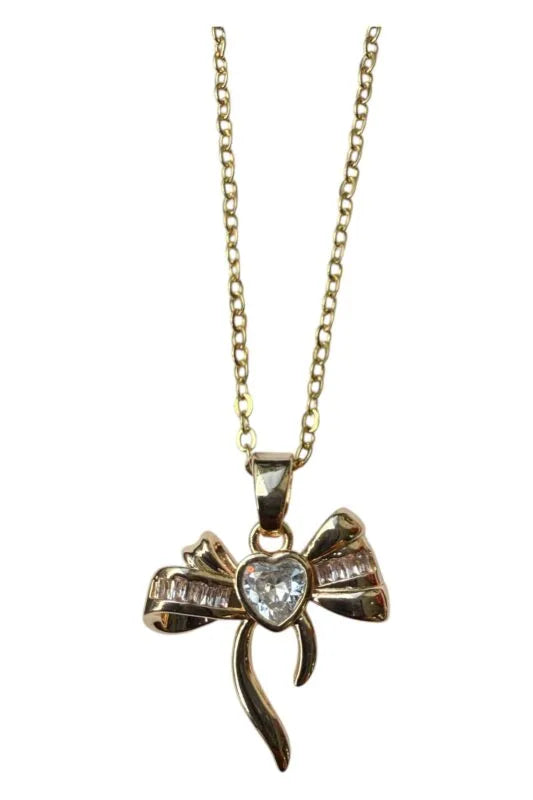 Altın Renk Kalp Fiyonk Beyaz Taş Çelik Kolye