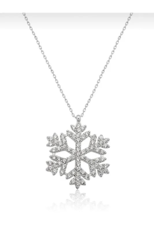 Gümüş Renk Kartanesi Zirkon Beyaz Taşlı Kar Tanesi Çelik Kolye