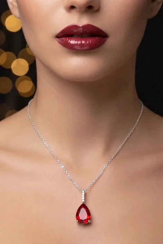 Kolye - Gümüş Sıra Taşlı Bordo Damla | Çelik